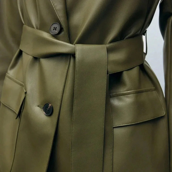 Army Green Elegant Women's Front Button Pocket Belted Long Sleeve Blazer Jacket - Picture 6 of 8